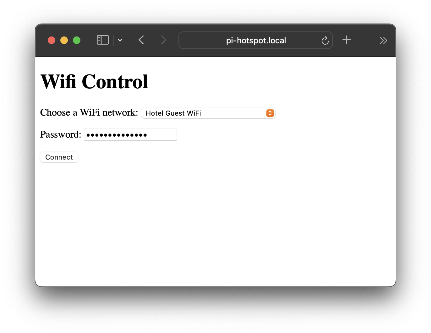 The web portal that lets you choose a Wi-Fi network for your Raspberry Pi's upstream data connection